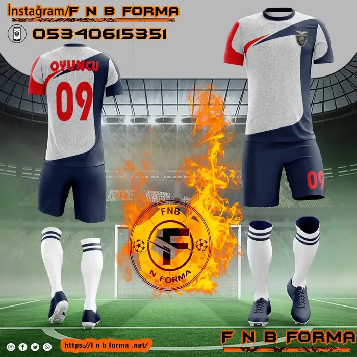 Beyaz zemin lacivert geometrik desenli kırmızı detaylı forma